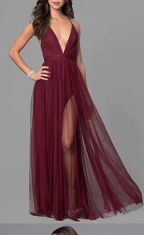 Deep V-neck Backless Burgundy Dresses