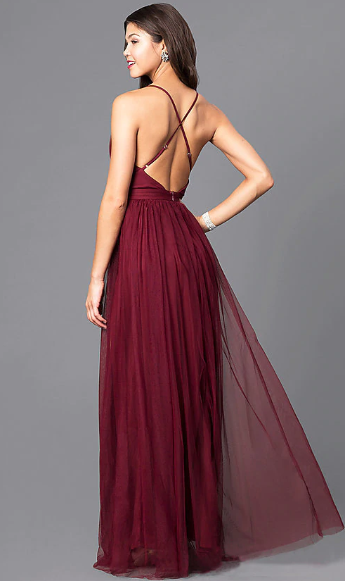 Deep V-neck Backless Burgundy Dresses