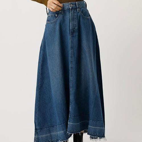 Flare Fringe Denim Maxi Skirt