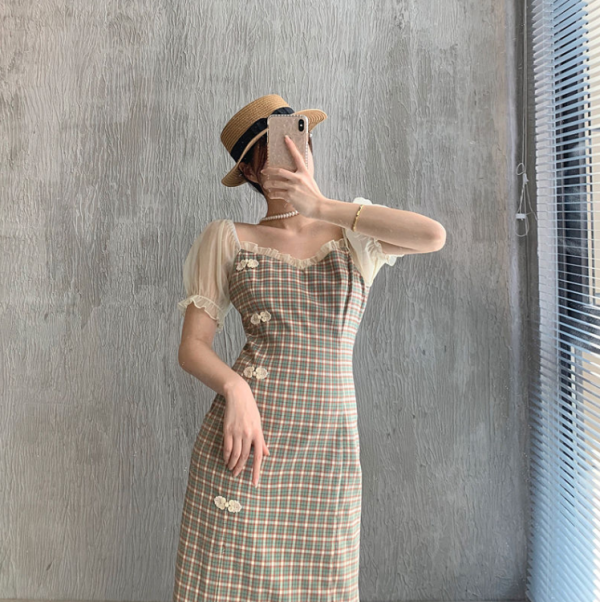 French Style Retro Plaid Dress - Image 2